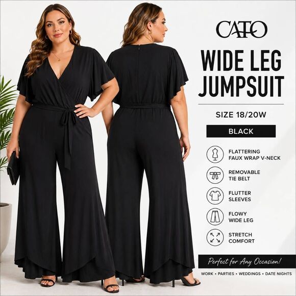 Cato Pants - Cato Black Wide Leg Jumpsuit Women's 18/20W Belted Flutter Sleeve Stretch